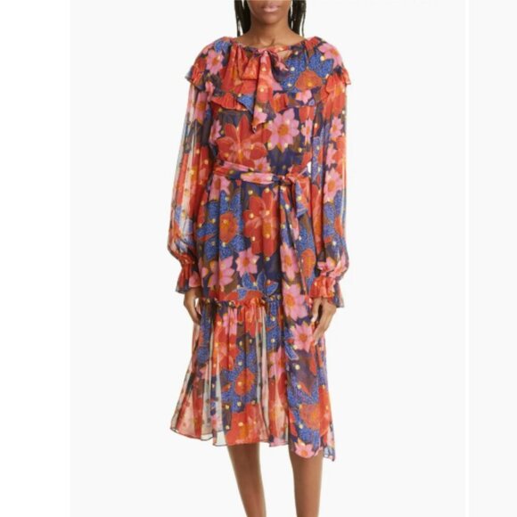 Farm Rio Garden Ruffle Long Sleeve Belted Midi Dress - Picture 3 of 9